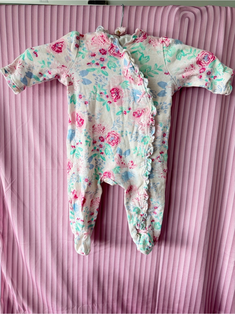 Little Me Cream Floral Footed One-Piece with Pink & Mint Accents